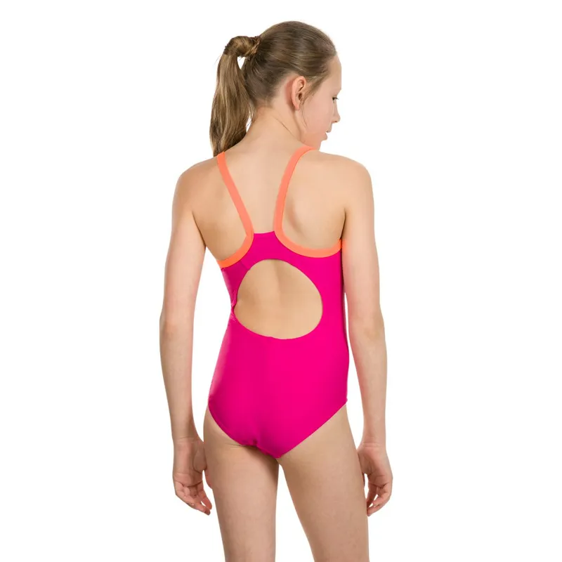 Speedo Girl's Gala Logo Thinstrap Muscleback Swimsuit - Pink/Orange 26-1